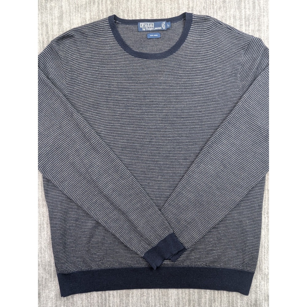Polo Ralph Lauren Vintage 100% Wool Striped Crewneck Sweater Mens L Blue Gray